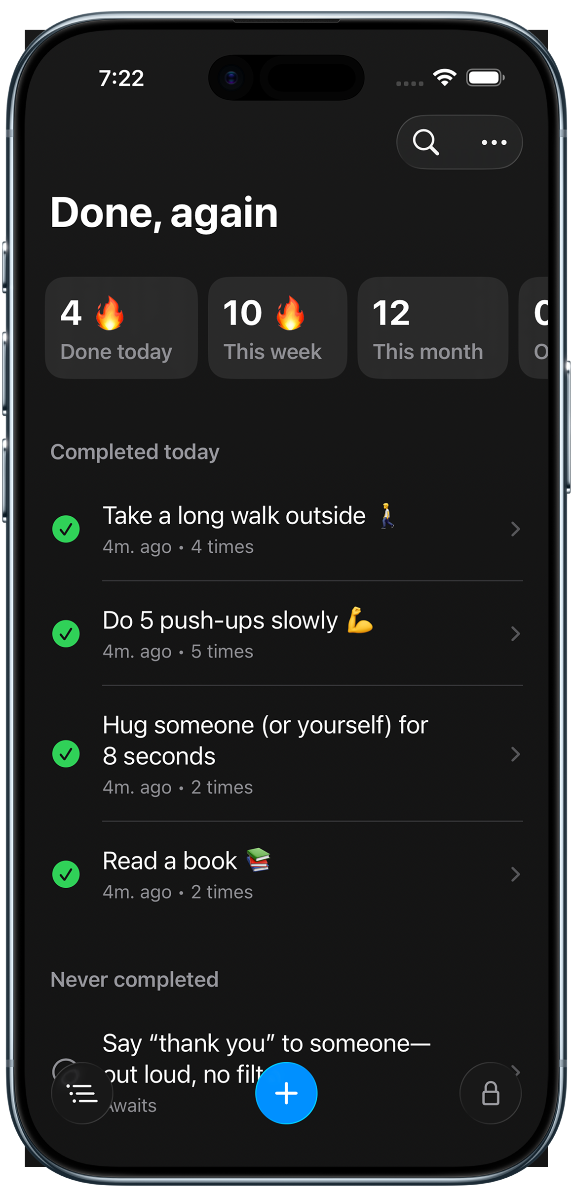 Interface preview of Done, Again iOS app
